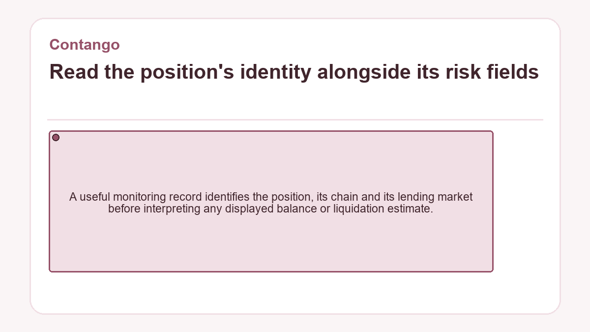 Read the position's identity alongside its risk fields: A useful monitoring record identifies the position, its chain and its lending market before interpreting any displayed balance or liquidation estimate.